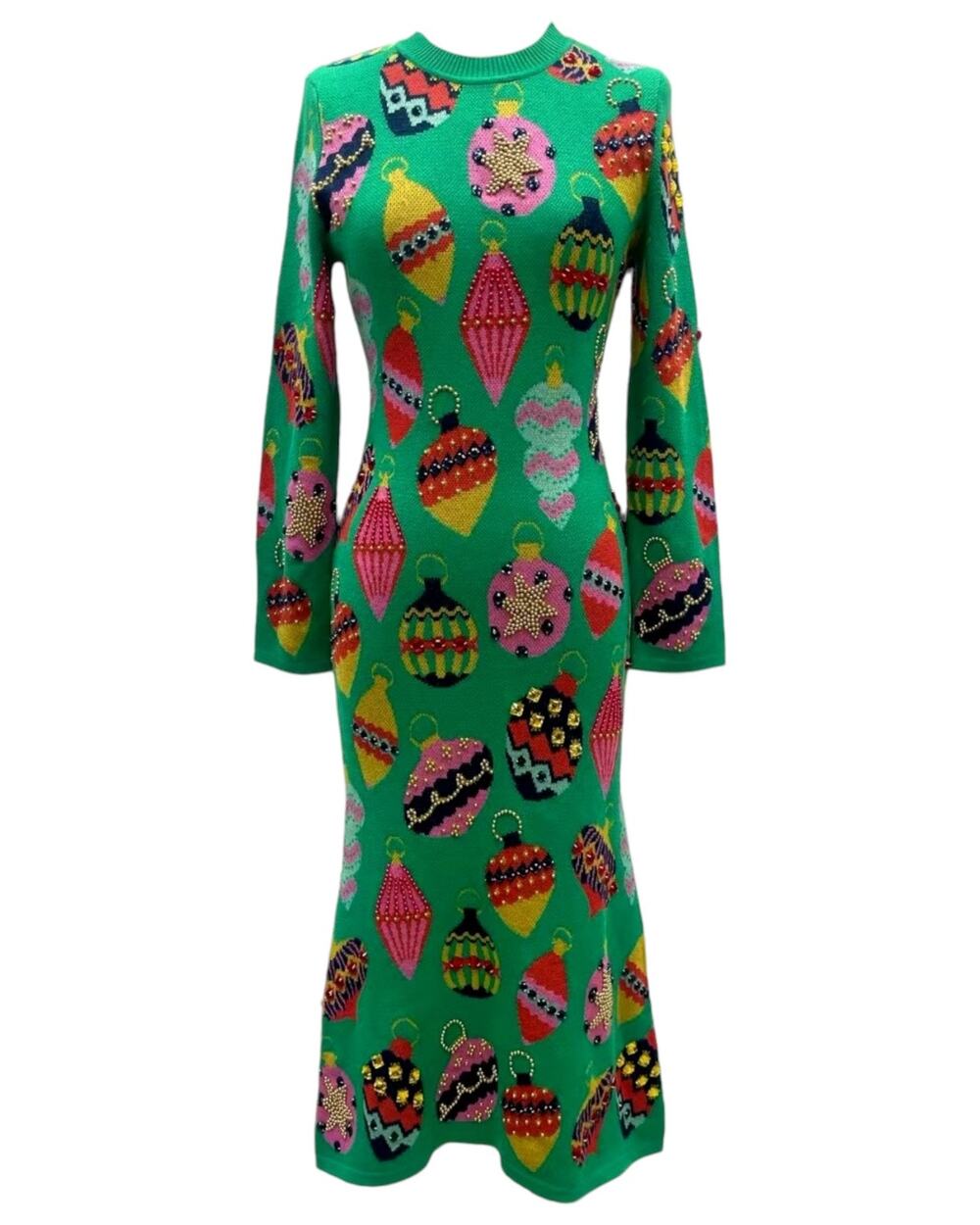 Queen of Sparkles Ornament Maxi Sweater Dress Green Christmas Holiday Sz Small